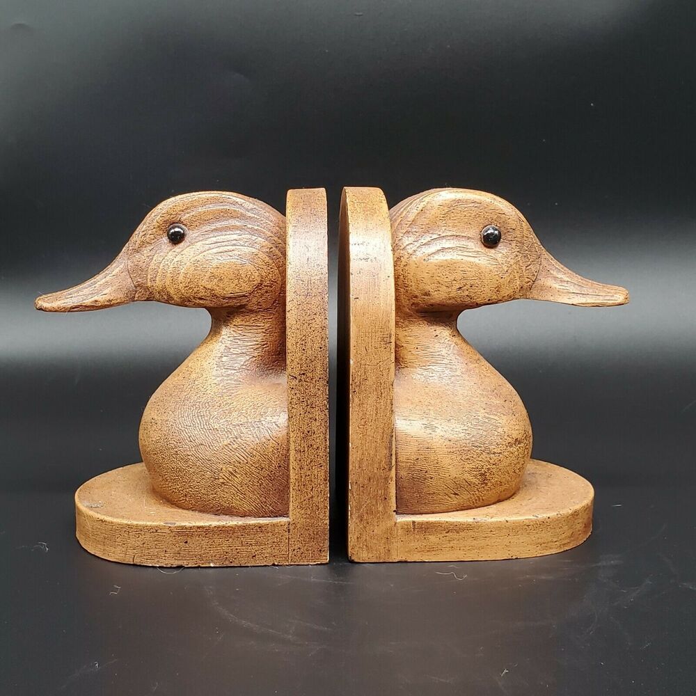 Duck Head Bookends Wood Carve Look Resin Brown Heavy Duck Lover Hunter
